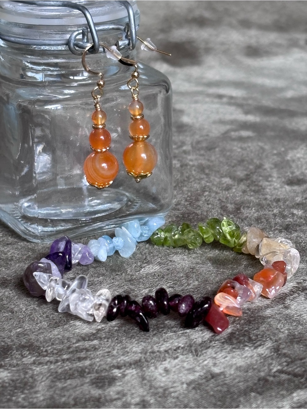 GENUINE Orange Agate Drop Earrings & Genuine Crystal Chakra Bracelet Jewelry Set